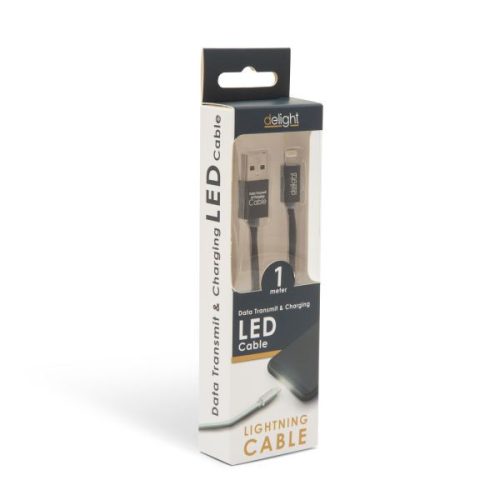Delight iPhone Lightning adatkábel LED fénnyel 1m, fekete – 55442I-BK