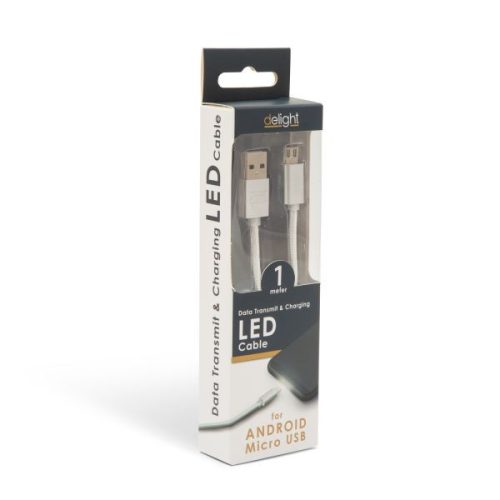 Delight 55442M-WH Micro USB Adat- és Töltőkábel, 1 m, Ezüst, LED Fénnyel