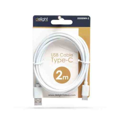 Delight 55550WH-2 USB Type-C Adat- és Töltőkábel, 2 m, Fehér