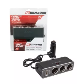   Háromutas szivargyújtó elosztó USB porttal, 12/24V (93916)