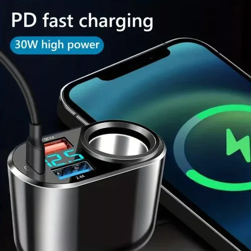 Autós töltő, prémium QC3 USB – 3 port + szivargyújtó aljzat (13184)