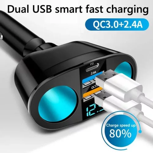 Autós töltő 2 USB porttal + 2 szivargyújtó + PD QC3024 (13115)