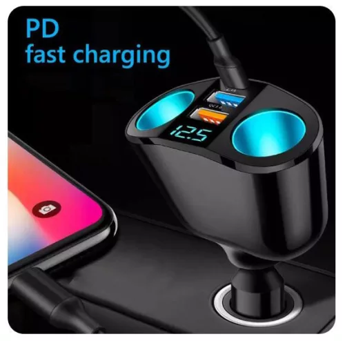 Autós töltő 2 USB porttal + 2 szivargyújtó + PD QC3024 (13115)