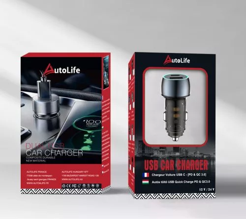 Autós töltő + 3in1 gyorstöltő kábel – 48W, Quick Charge 3.0, 12–24V (Autolife 13320)