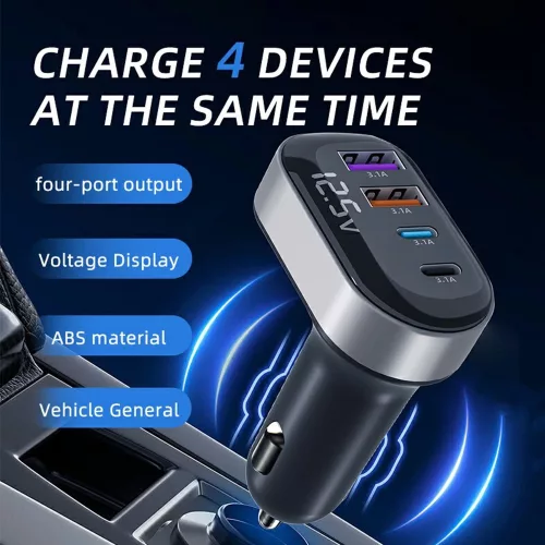 K33 Szivargyújtós autós töltő – 4 portos (2×15 W USB + 2×15 W Type-C), beépített voltmérővel