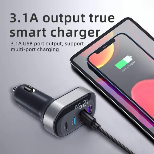K33 Szivargyújtós autós töltő – 4 portos (2×15 W USB + 2×15 W Type-C), beépített voltmérővel